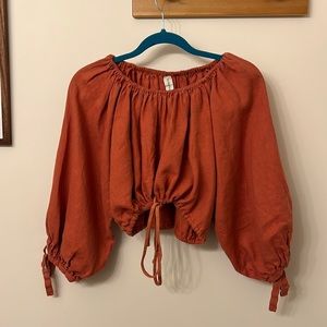 Eliza Faulkner “Poet” peasant top in heavy terracotta linen, size S